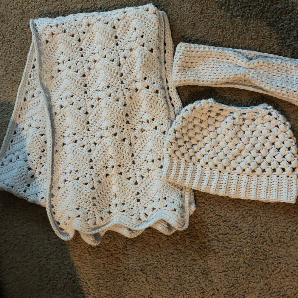 Scarf, Earwarmer, Messy Bun Hat Set